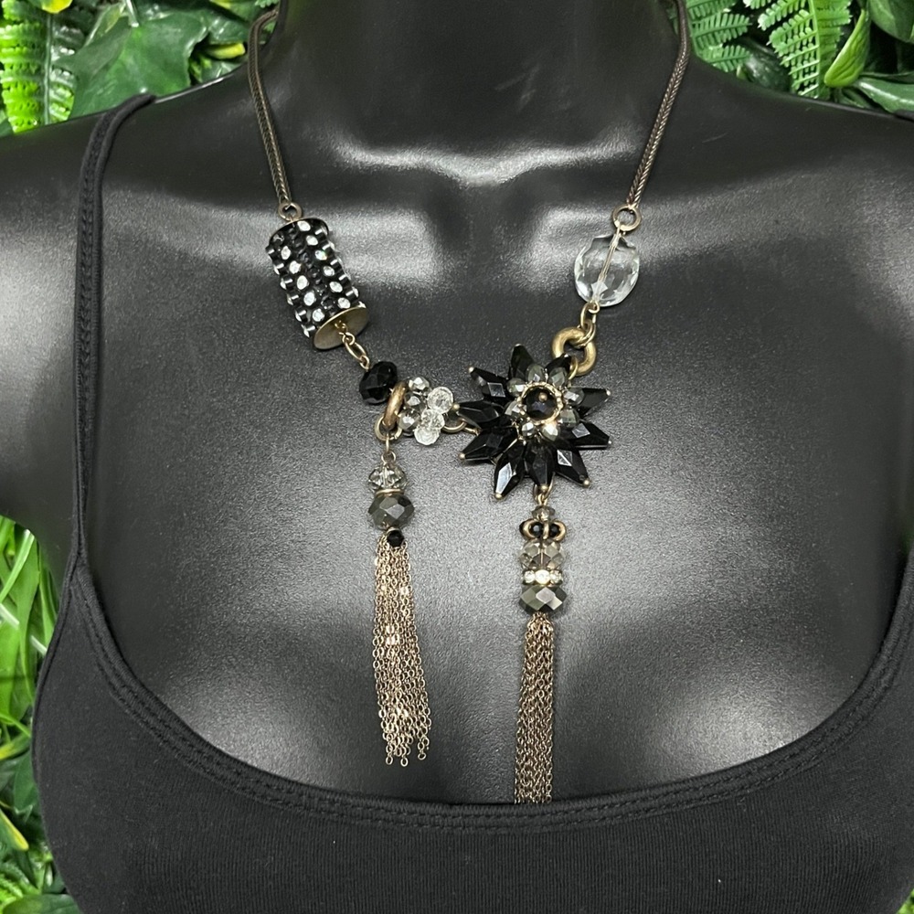 Tassel Statement Necklace Black Starburst Antique Bronze Finish Beaded 3980